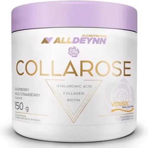 Allnutrition ALLDEYNN Collarose 150g wild strawberry flavour collagen supplement with hyaluronic acid and biotin, in a white and lavender tub.