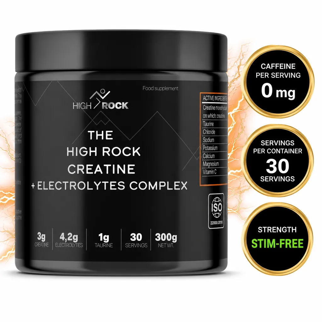 High Rock Creatine + Electrolytes Complex sports supplement in a black 300g tub with 30 servings, creatine, electrolytes and taurine