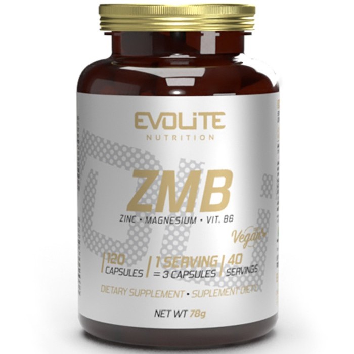 Evolite ZMB zinc, magnesium, and vitamin B6 supplement in a 120-capsule vegan formula, dietary supplement in a brown bottle with gold cap.