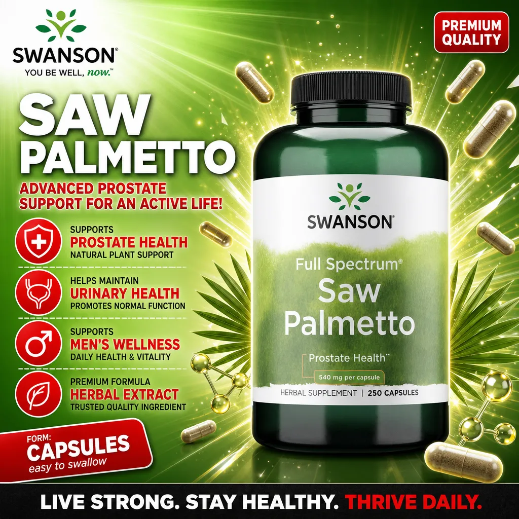 Swanson Full Spectrum Saw Palmetto 540mg per capsule herbal supplement for prostate health, 250 capsules, green and white bottle with premium quality label.