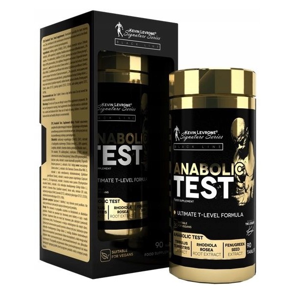 Kevin Levrone Anabolic Test 90 tablets testosterone support supplement with tribulus, rhodiola rosea, and fenugreek seed extract, black and gold packaging.