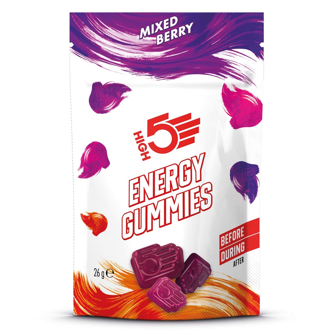 High5 Energy Gummies 26g mixed berry flavour sports nutrition supplement, designed for energy during exercise, in a white and purple pouch with red accents.