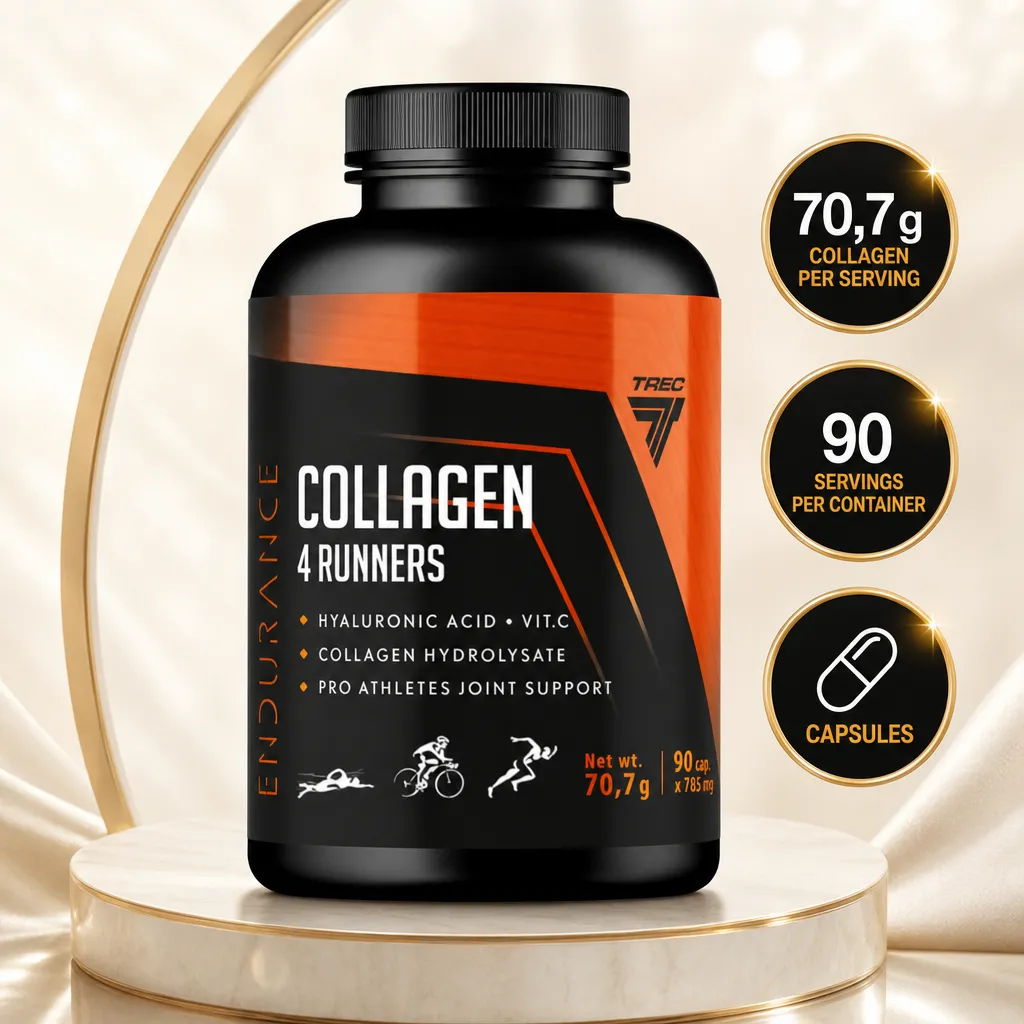 Trec Nutrition Endurance Collagen 4 Runners supplement in black and orange bottle, 90 capsules with collagen, hyaluronic acid and vitamin C