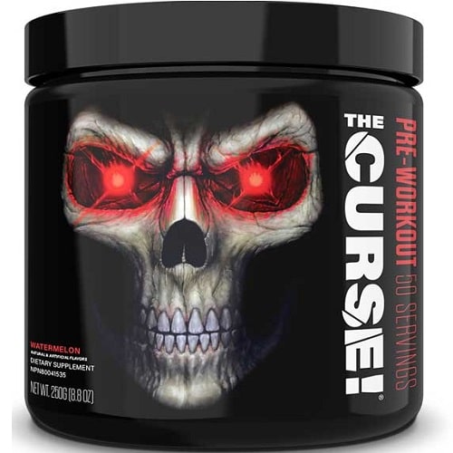 JNX Sports The Curse Pre-Workout 50 Servings in watermelon flavour, a dietary supplement with a black container featuring a glowing red-eyed skull design.