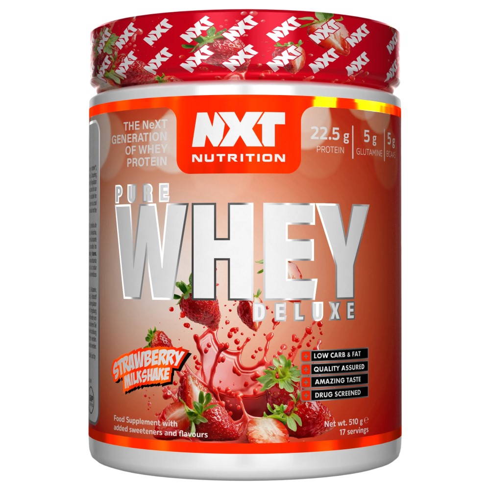 NXT Nutrition Pure Whey Deluxe 510g strawberry milkshake flavour whey protein supplement with low carb and fat, quality assured, and drug screened.