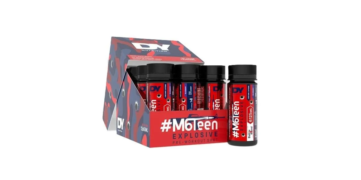 DY Nutrition Dorian Yates #M6Teen Peach liquid pre-workout shots, 60ml ampules in a 12-pack with red and black packaging