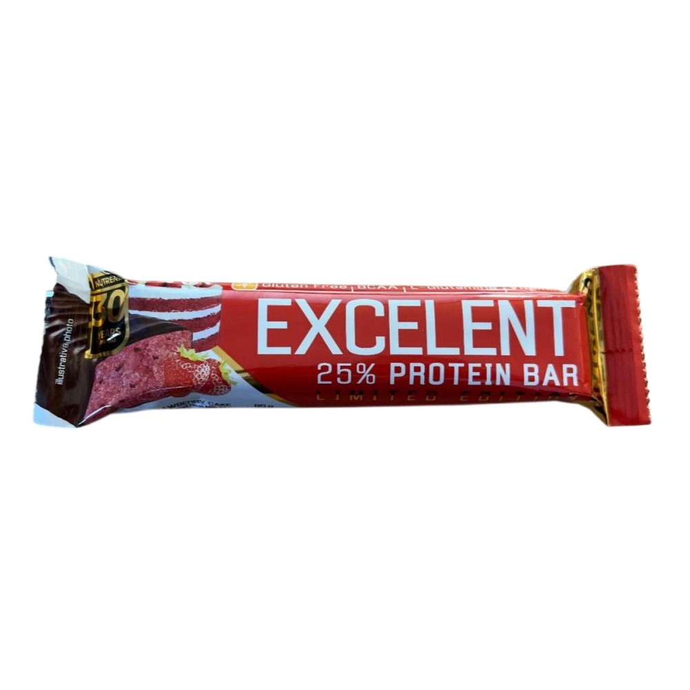 Nutrend Excelent 25% Protein Bar in strawberry cake flavour, a limited edition protein snack bar with 25% protein content, in a red and gold wrapper.