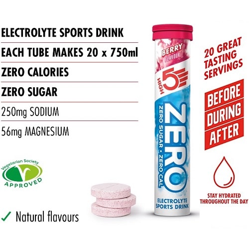 High5 Zero Electrolyte Sports Drink effervescent tabs, berry flavour, 20 servings, zero sugar and zero calories, with sodium and magnesium, suitable for hydration during sports.