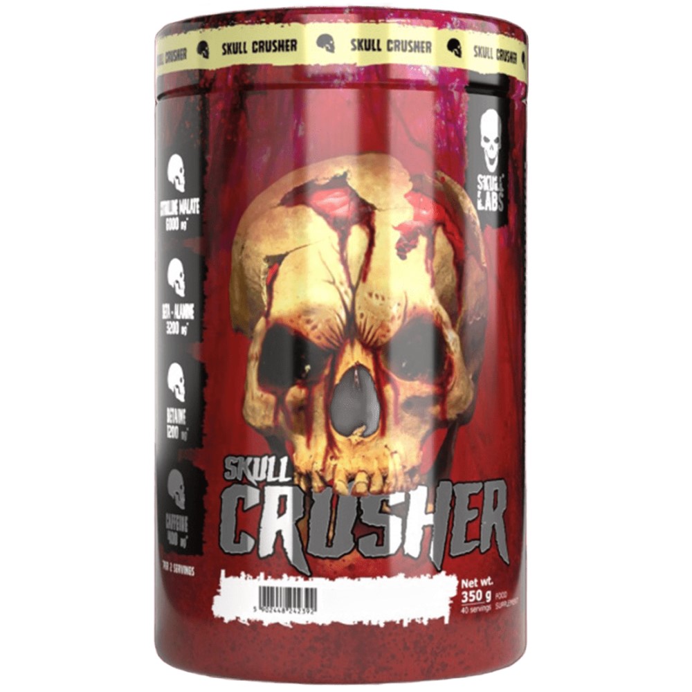 Skull Labs Skull Crusher 350g pre-workout supplement in a black container with bold branding and label details