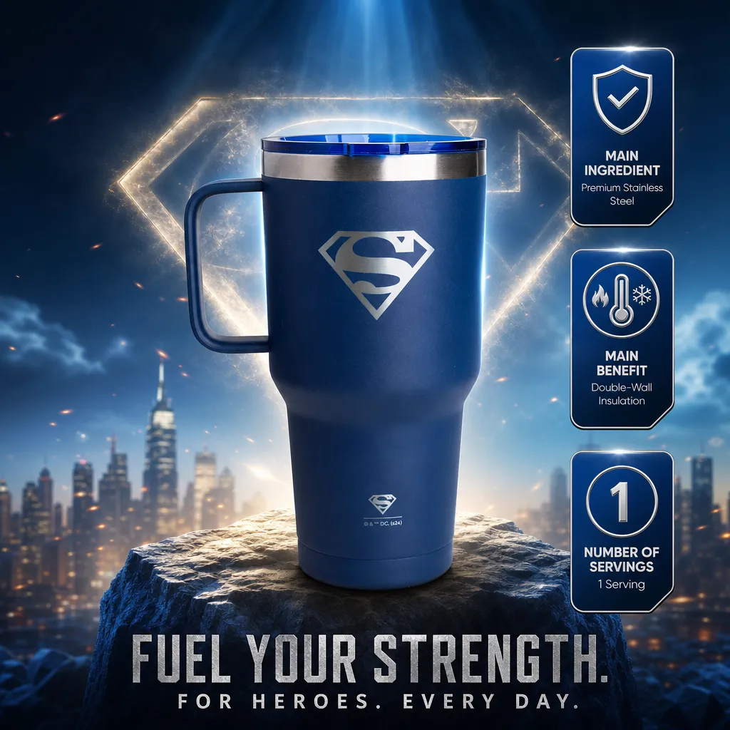 SmartShake Bohtal Insulated Nomad Tumbler DC Comics Superman 900ml, blue stainless steel tumbler with Superman logo, double-wall insulation, large handle, and cupholder-friendly design.