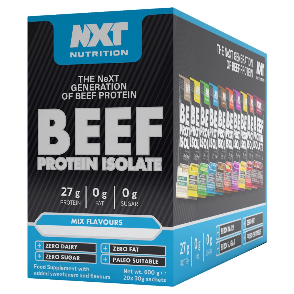 NXT Nutrition Beef Protein Isolate mix flavours box, 600g with 20 x 30g sachets, zero dairy, zero fat, zero sugar, paleo suitable, high protein supplement.