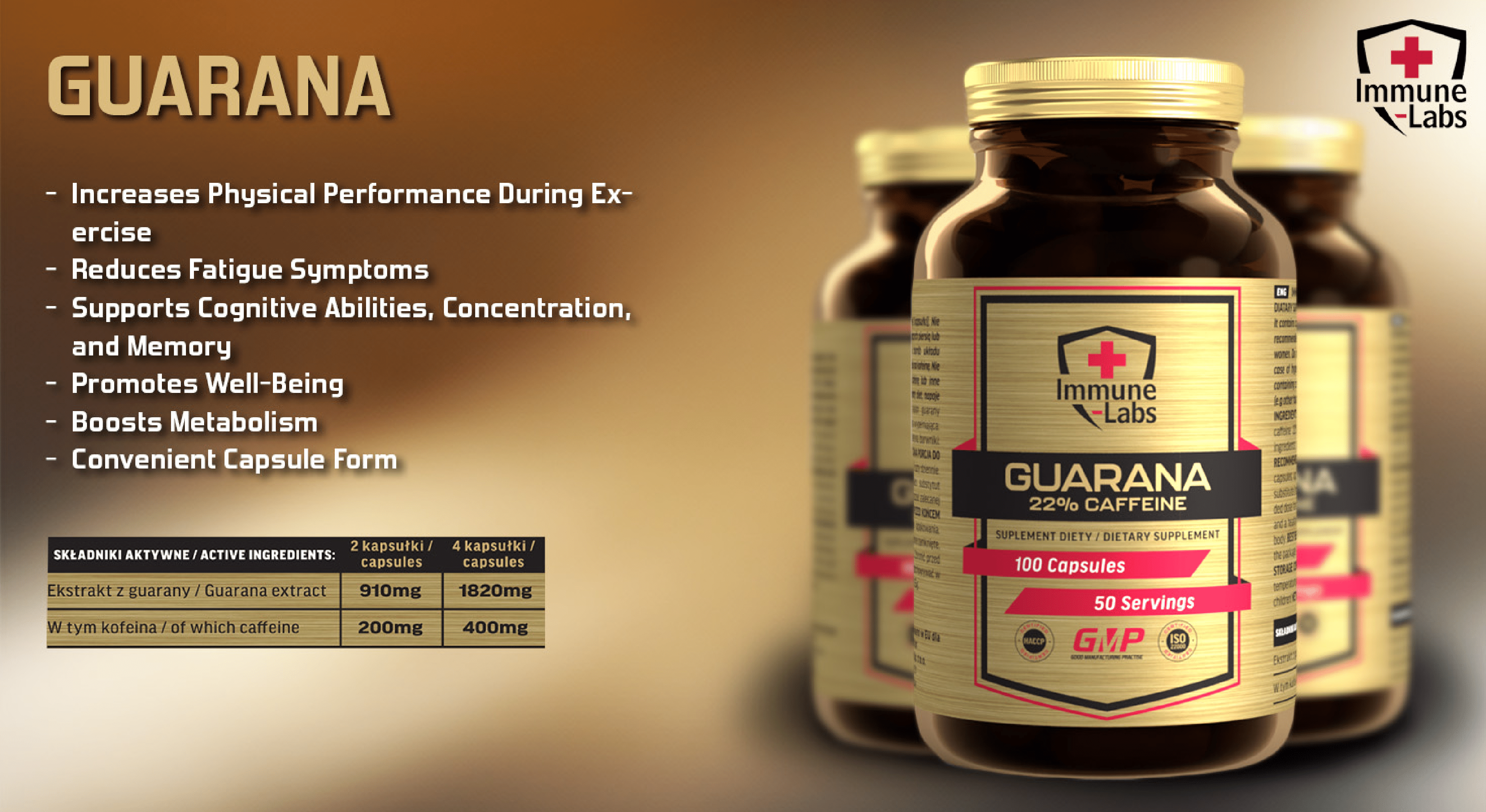 Immune Labs Guarana 100 Capsules dietary supplement with 22% caffeine, designed to boost physical performance, reduce fatigue, and support cognitive abilities. The product comes in a brown bottle with a gold label.