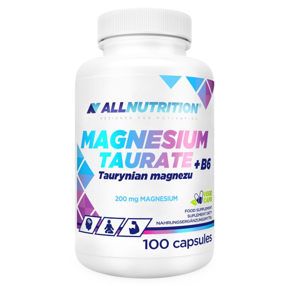 Allnutrition Magnesium Taurate + B6 dietary supplement, 100 capsules, with 200 mg magnesium per serving, vege caps, white bottle with blue and purple accents.