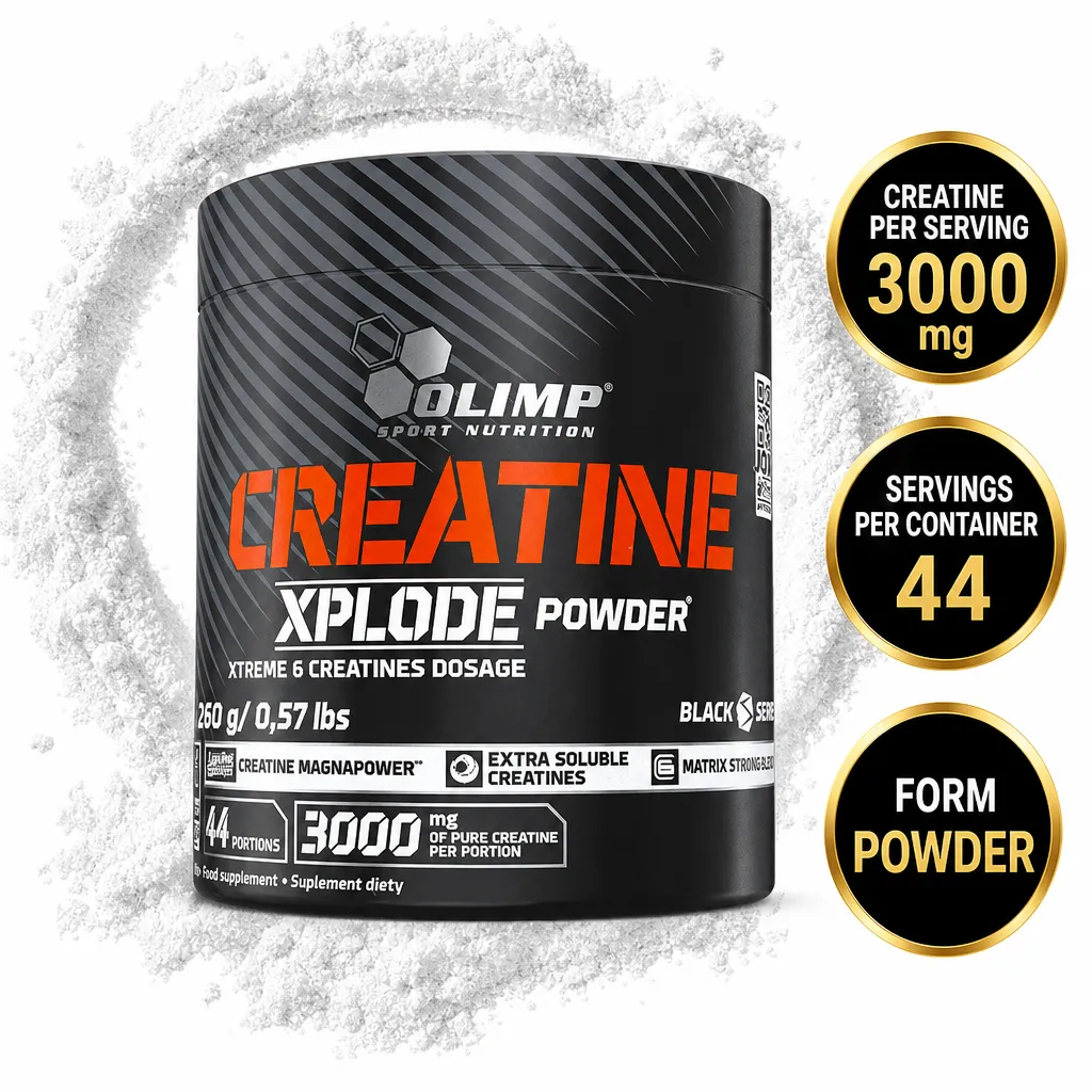 Olimp Creatine Xplode 260g creatine powder supplement in a black tub, featuring a six-creatine blend and 3000mg per serving