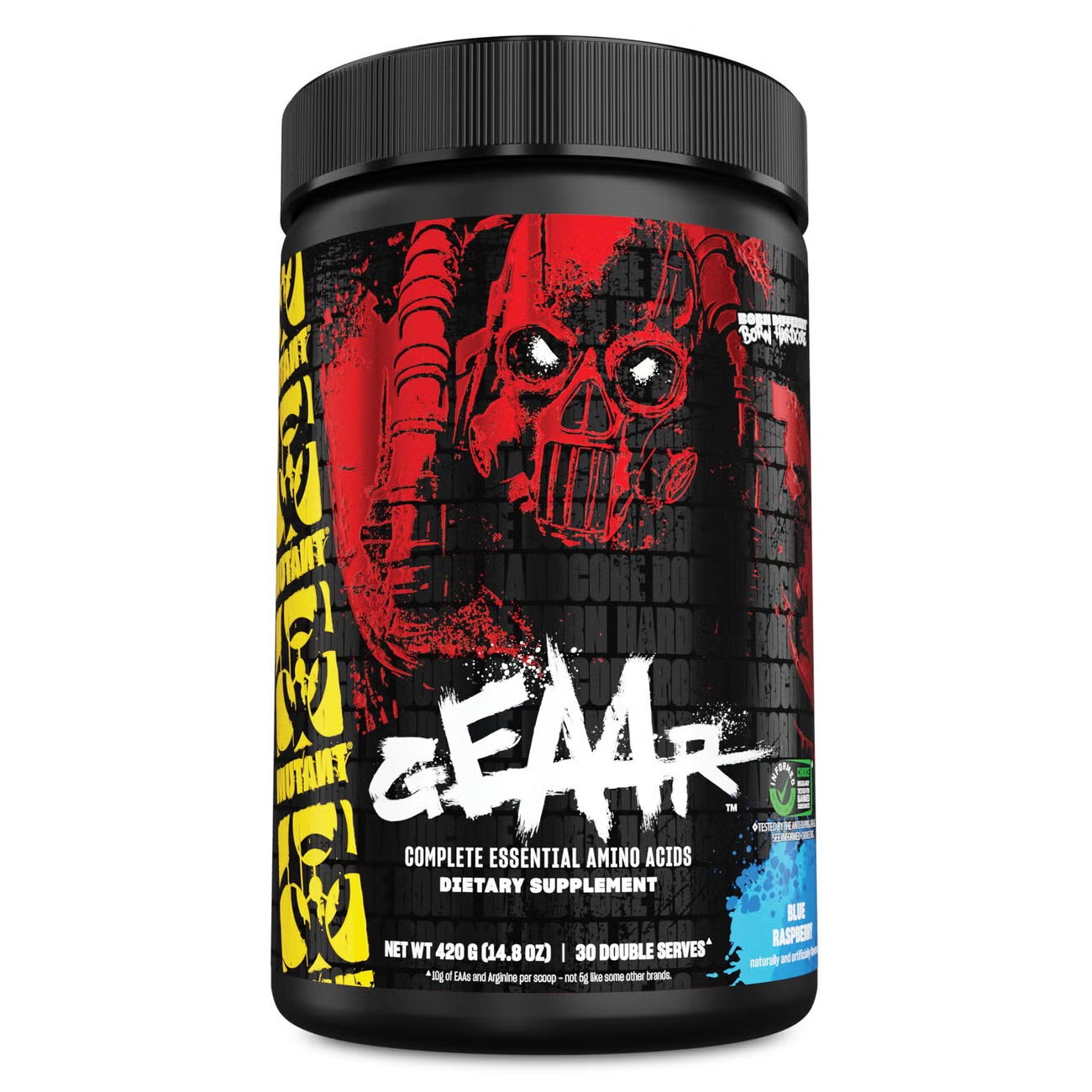 Mutant GEAAR Complete Essential Amino Acids dietary supplement, blue raspberry flavour, 420g tub with bold red and yellow graphics and 30 double serves.