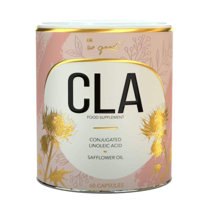 FA So Good! CLA 60 capsules food supplement with conjugated linoleic acid and safflower oil in a decorative pink and gold container.