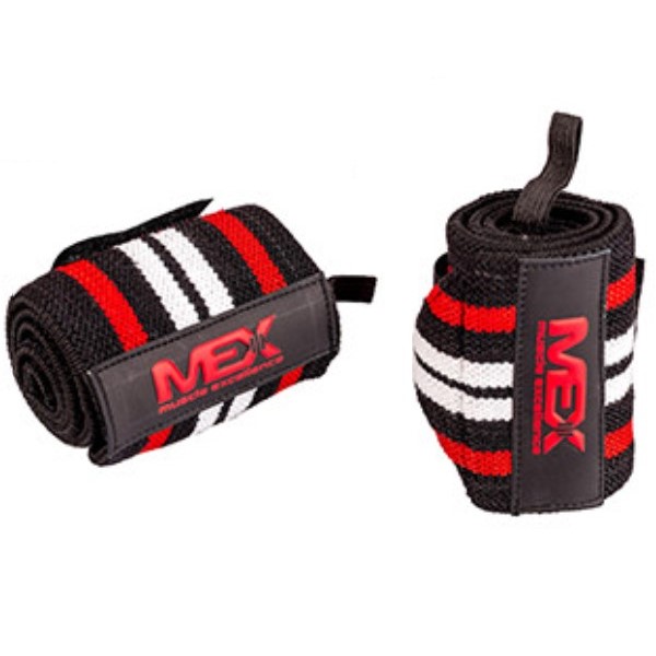 MEX Pro Wrist Wraps black and red striped wrist support wraps, set of 2, designed for weightlifting and fitness training, with prominent MEX logo.