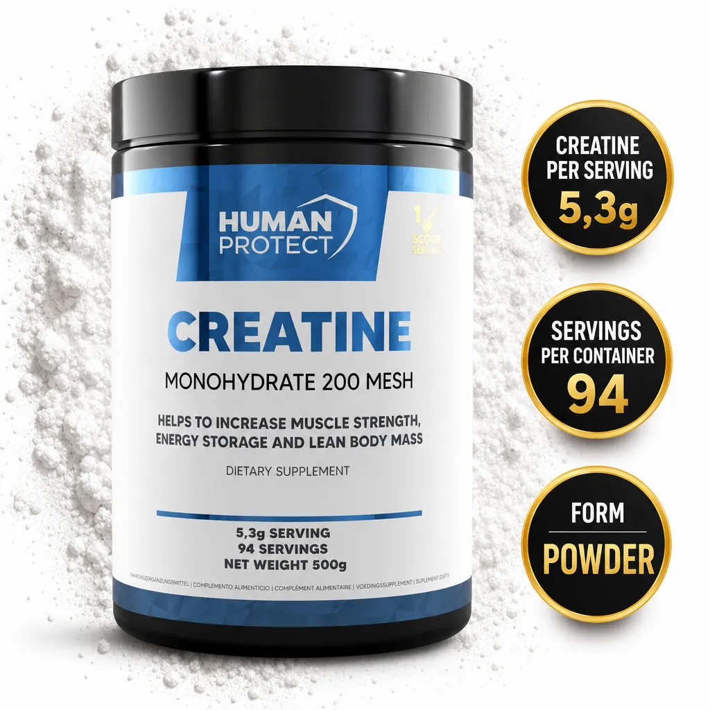 Human Protect Creatine Monohydrate 500g dietary supplement powder in a black and blue container, with 5.3g servings and 94 servings