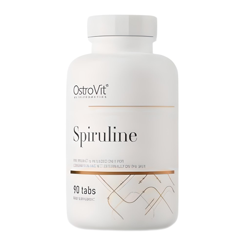 OstroVit Spiruline 90 tabs dietary supplement, white bottle with minimalist gold and black accents, contains spirulina tablets for daily nutrition.