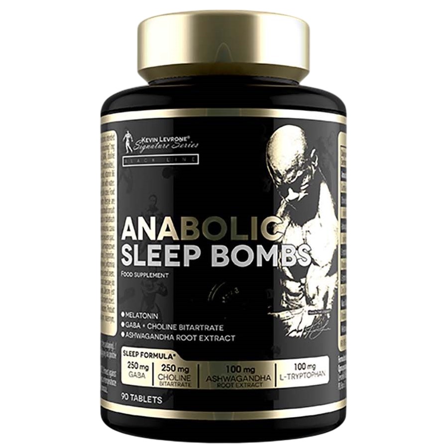 Kevin Levrone Anabolic Sleep Bombs 90 tablets sleep support supplement with melatonin, GABA, choline bitartrate, ashwagandha root extract, and L-tryptophan in a black and gold bottle.
