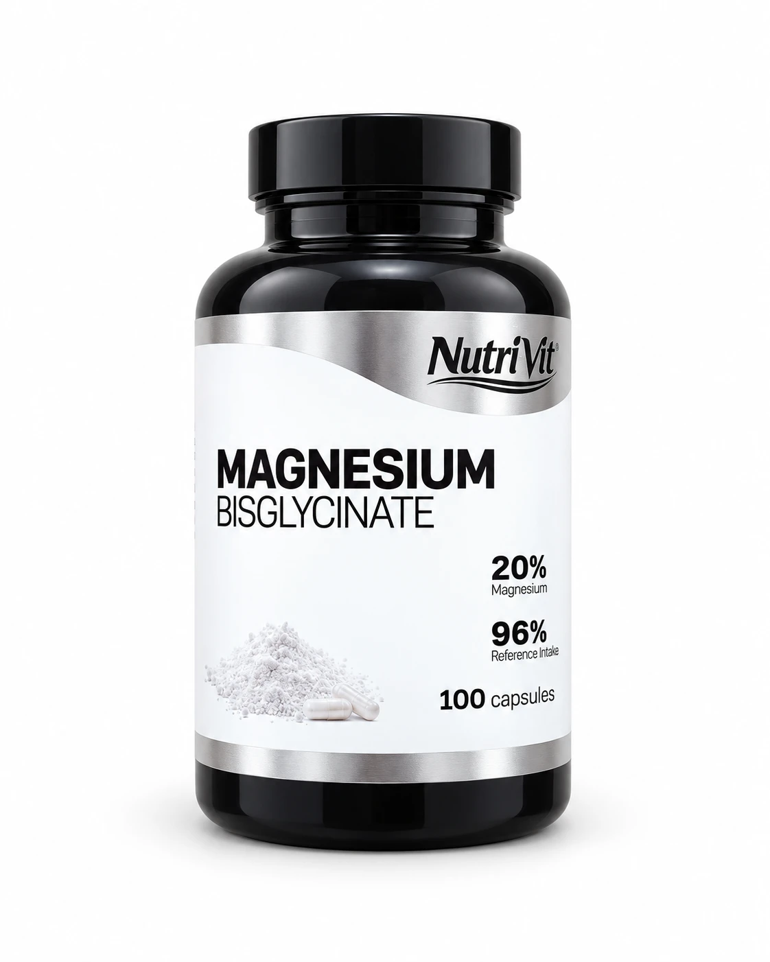 NutriVit Magnesium Bisglycinate dietary supplement with 100 capsules and 20% magnesium, shown in a black-and-white design