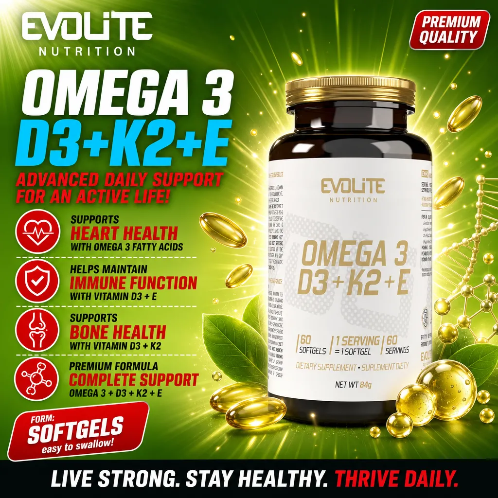 Evolite Omega 3 D3 K2 E softgel supplement with 60 capsules, combining omega-3 fatty acids, vitamin D3, vitamin K2, and vitamin E for heart, immune, and bone health support. Dominant green and gold packaging.