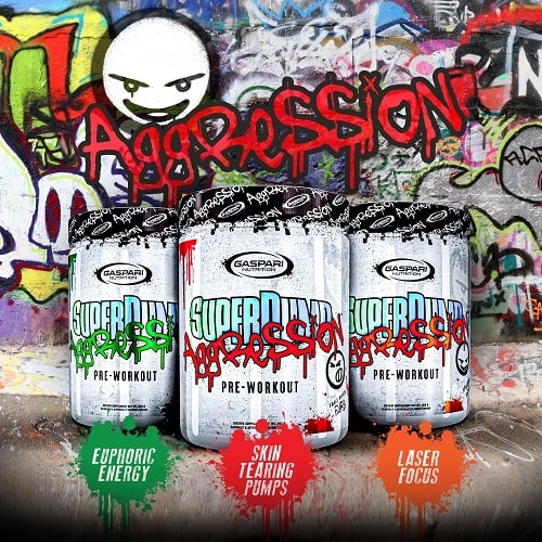 Gaspari Nutrition SuperPump Aggression pre-workout supplement, shown in three variants with graffiti-themed packaging, designed for energy, pumps, and focus, 450g size.
