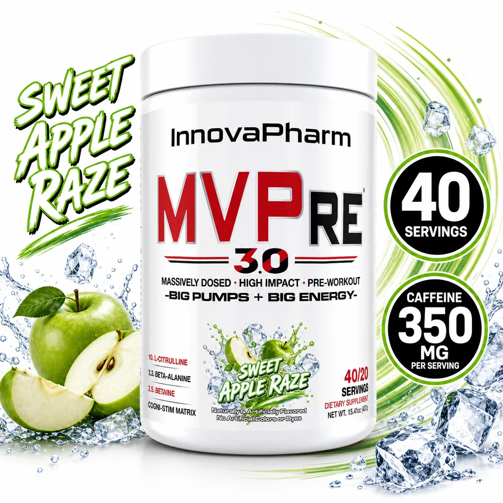 InnovaPharm MVPre 3.0 pre-workout supplement, Sweet Apple Raze flavour, 40/20 servings with 350mg caffeine