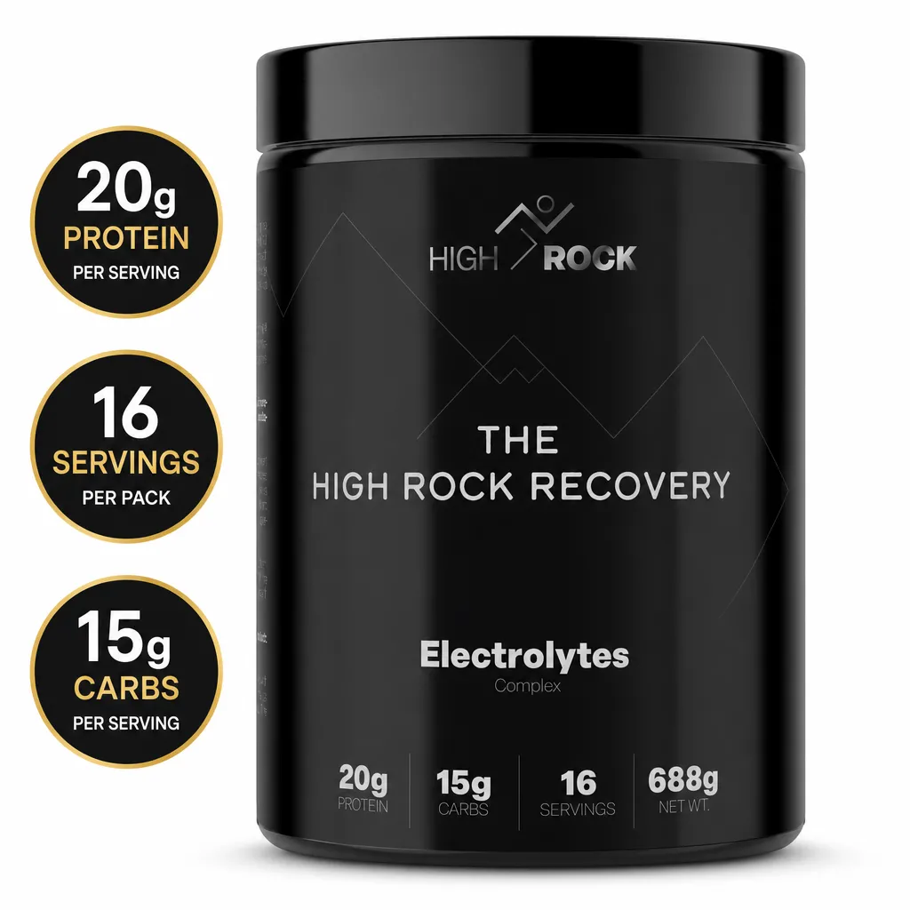 High Rock Recovery post-workout drink powder with electrolytes, 20g protein, 15g carbs and 16 servings in a black tub