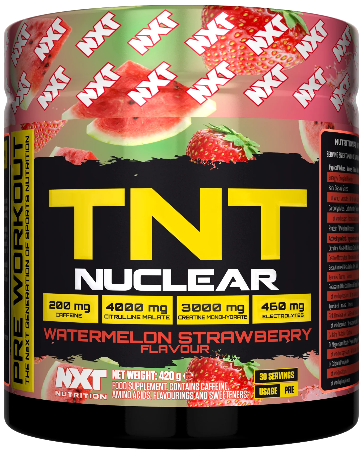 NXT Nutrition TNT Nuclear 420g pre-workout supplement in a branded tub, typical for powdered sports nutrition products.