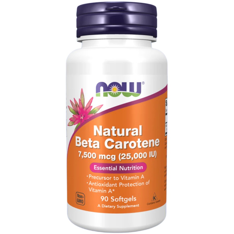 NOW Foods Natural Beta Carotene 7500mcg 90 Softgels bottle with orange label and white cap