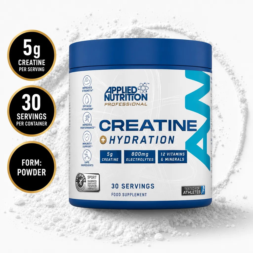 Applied Nutrition Creatine+ Hydration sports supplement powder with 5g creatine per serving and 30 servings in a blue-and-white tub