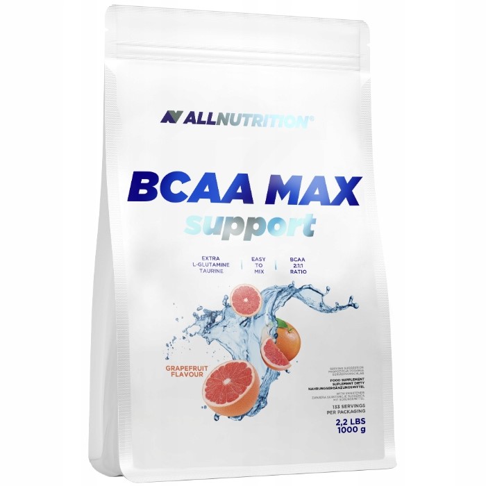 Allnutrition BCAA Max Support 1000g grapefruit flavour BCAA supplement with extra L-glutamine and taurine, 2:1:1 BCAA ratio, in a white pouch with fruit graphics.