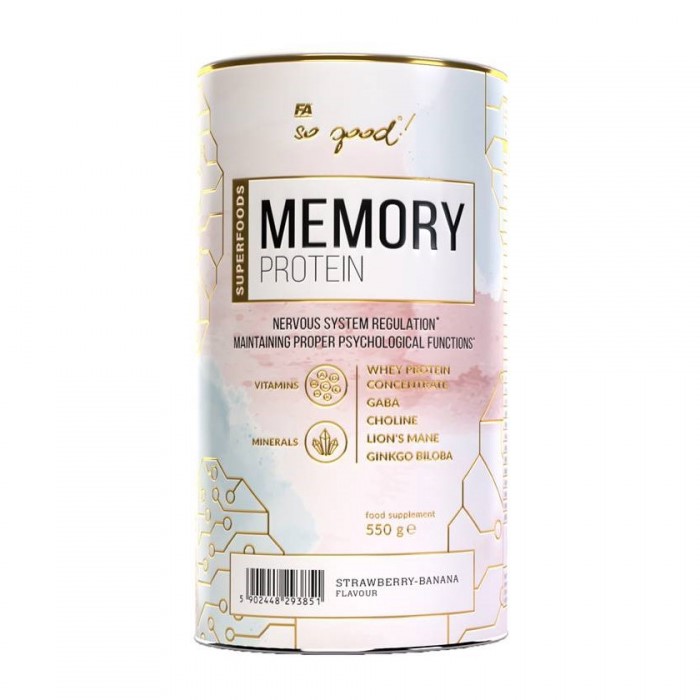 FA So Good! Memory Protein 550g strawberry-banana flavour, a superfood whey protein supplement with GABA, choline, lion's mane, and ginkgo biloba for nervous system support.