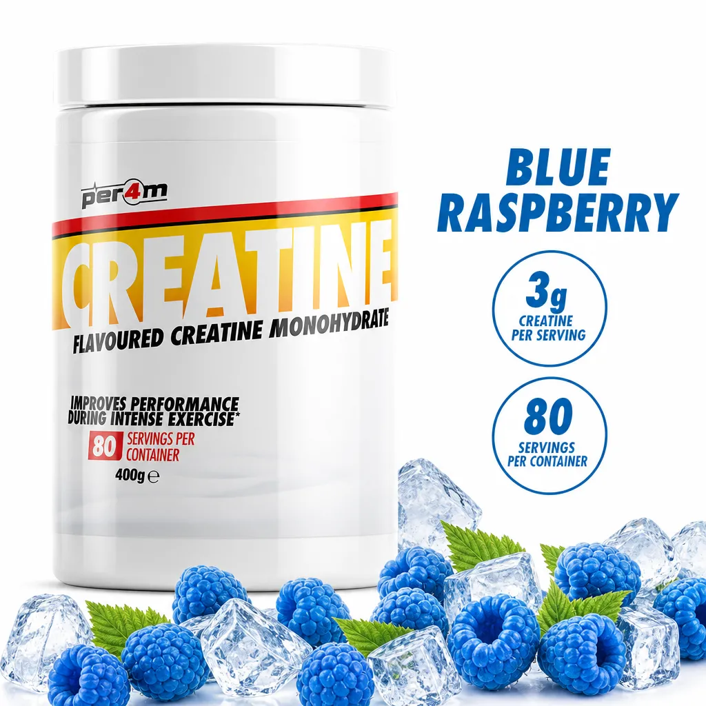 Per4m Creatine 400g Blue Raspberry flavoured creatine monohydrate powder with 3g per serving and 80 servings.