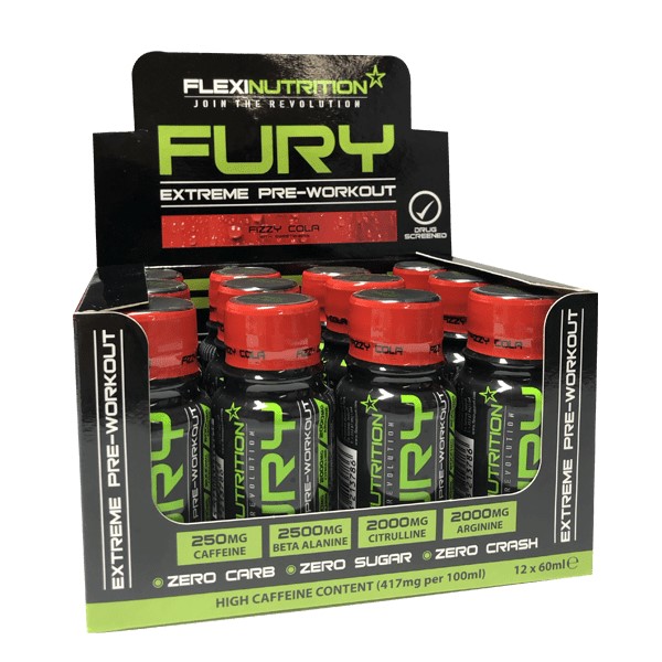 FlexiNutrition Fury Extreme Pre-Workout fizzy cola flavour, 12x60ml shots, high-caffeine pre-workout supplement with zero sugar and zero carbs.