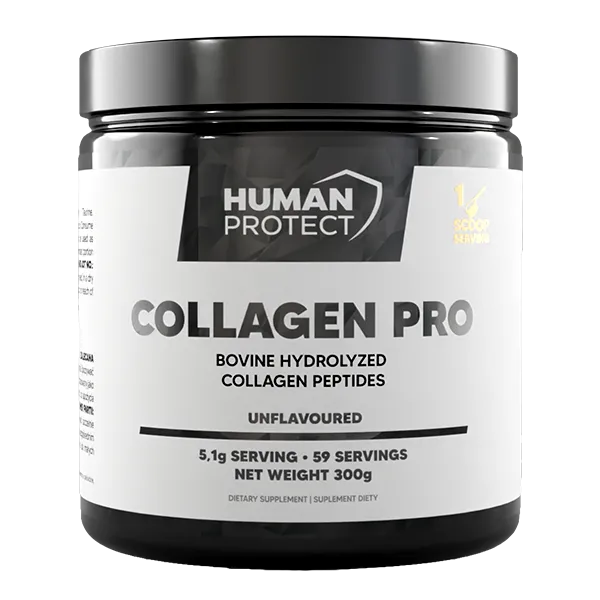Human Protect Collagen Pro collagen powder, unflavoured bovine hydrolyzed collagen peptides, 300 g tub with black and white packaging.