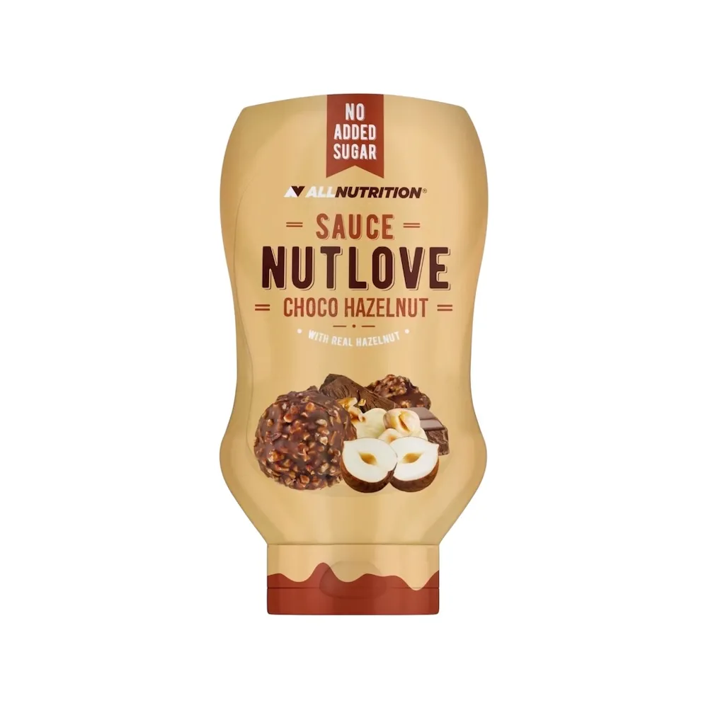 Allnutrition NUTLOVE Sauce, 280g chocolate hazelnut sauce with real hazelnut, in a beige squeeze bottle.