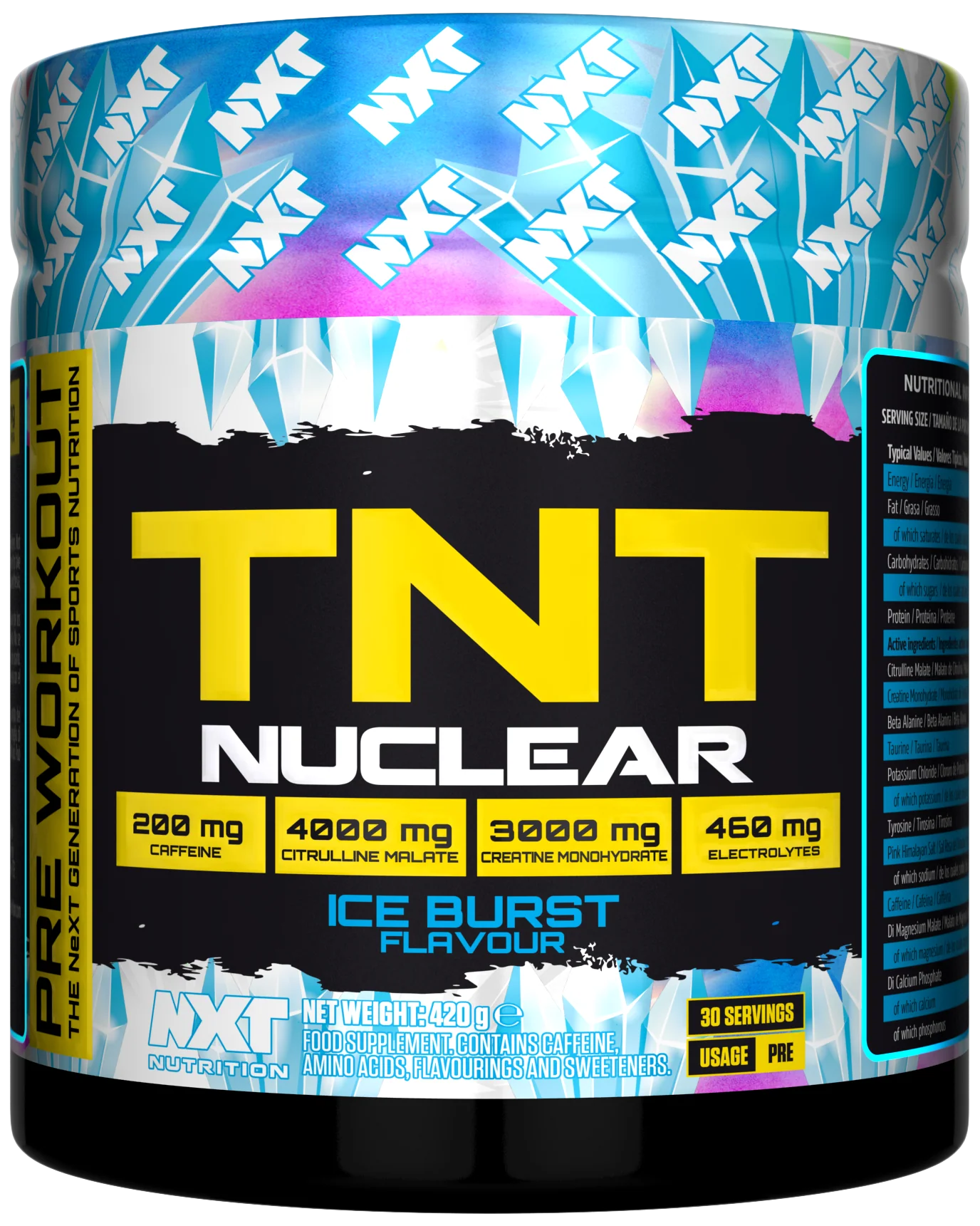 NXT Nutrition TNT Nuclear 420g powder mixed in a clear shaker bottle, showing the supplement’s prepared form.