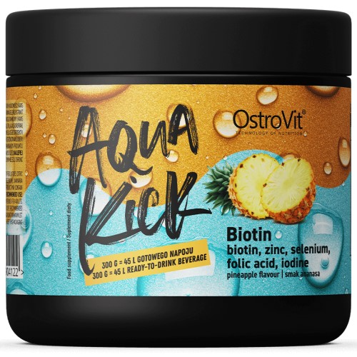 OstroVit Aqua Kick Biotin 300g pineapple flavour supplement with biotin, zinc, selenium, folic acid, and iodine, in a black tub with a yellow and blue label.