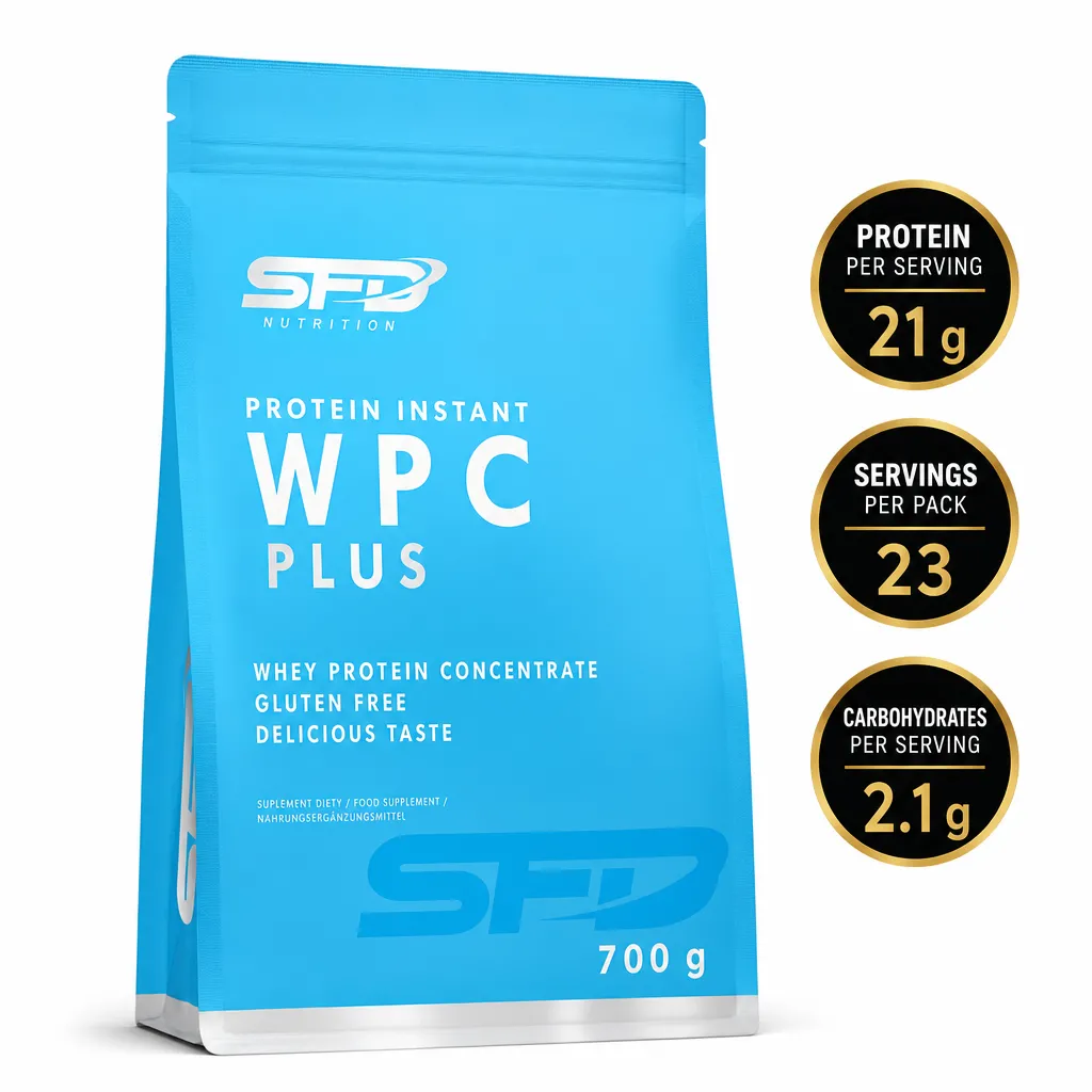SFD WPC Protein Plus 700g whey protein concentrate powder in a blue gluten-free pack.
