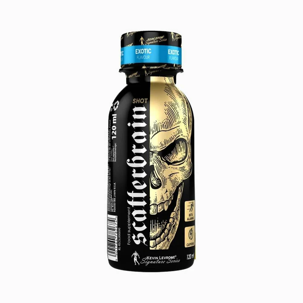 Kevin Levrone ScatterBrain Shot 120ml Exotic is a pre-workout liquid supplement featuring beta-alanine, taurine, caffeine, and whey protein isolate in a black bottle with gold skull design.