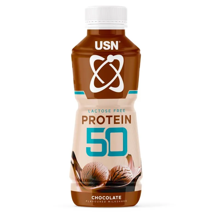 USN Protein 50 chocolate lactose free protein milkshake, 500ml bottle, chocolate flavour, brown and cream packaging with ice cream imagery.