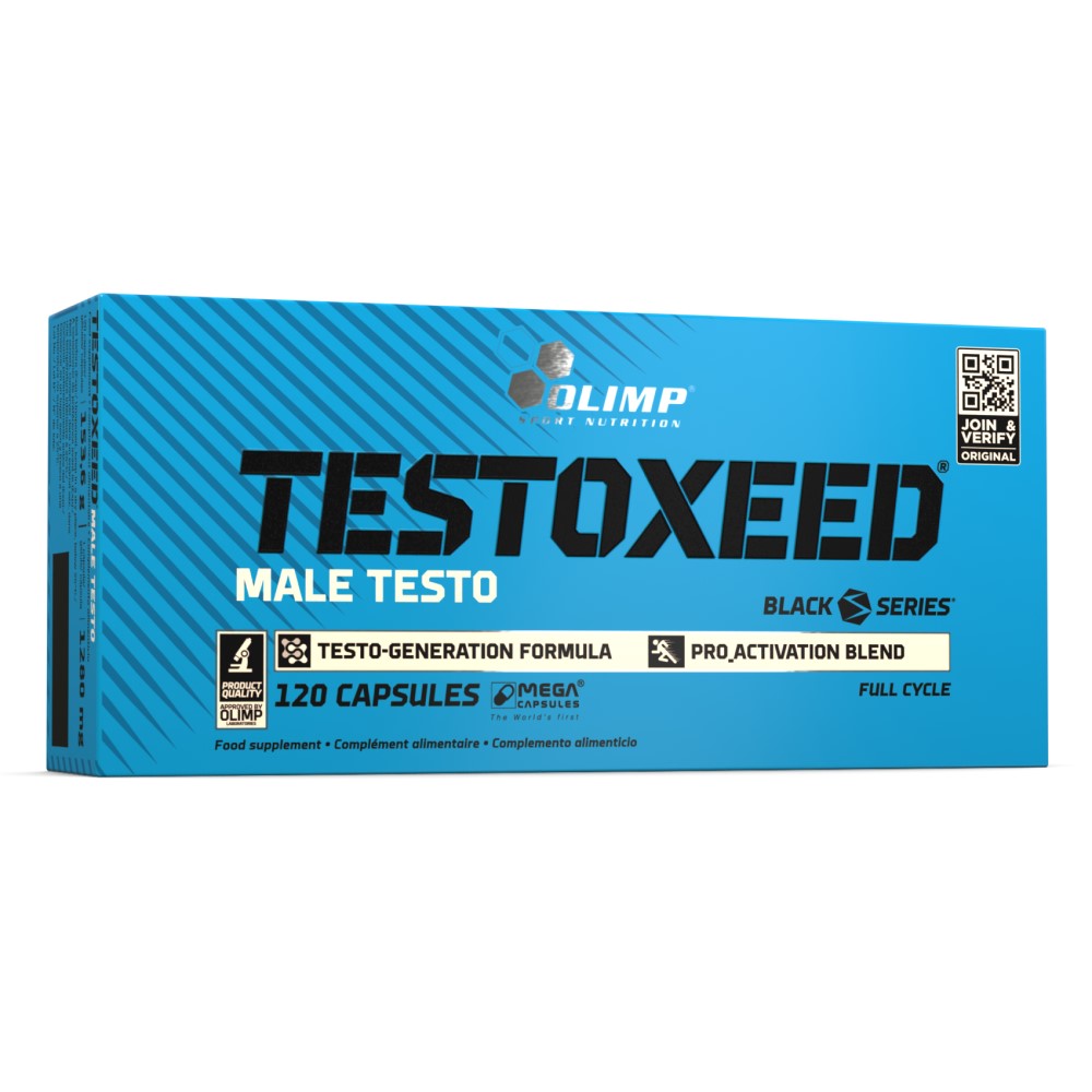 Olimp Testoxeed 120 Caps bottle by Olimp Nutrition, black container with blue and silver label, 120 capsules
