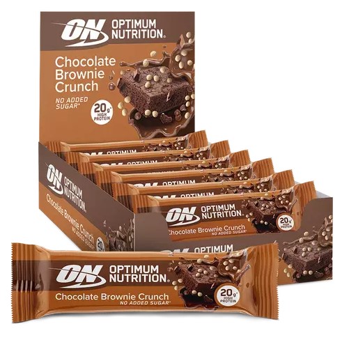 Optimum Nutrition Chocolate Brownie Crunch Protein Bar 65g, high-protein snack bar with chocolate brownie flavor, box of 10 bars, brown packaging