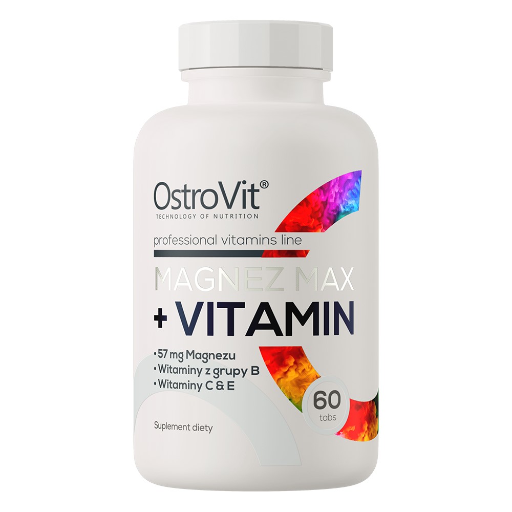 OstroVit Magnesium MAX + Vitamin 60 Tabs, close-up of round white tablets next to branded supplement bottle