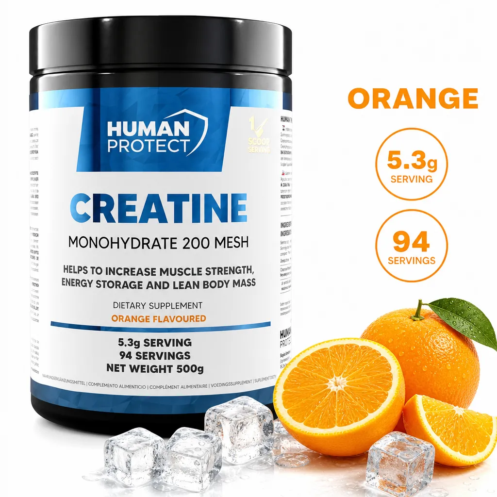 Human Protect Creatine Monohydrate 500g dietary supplement in orange flavour, with 94 servings and a 5.3g serving size