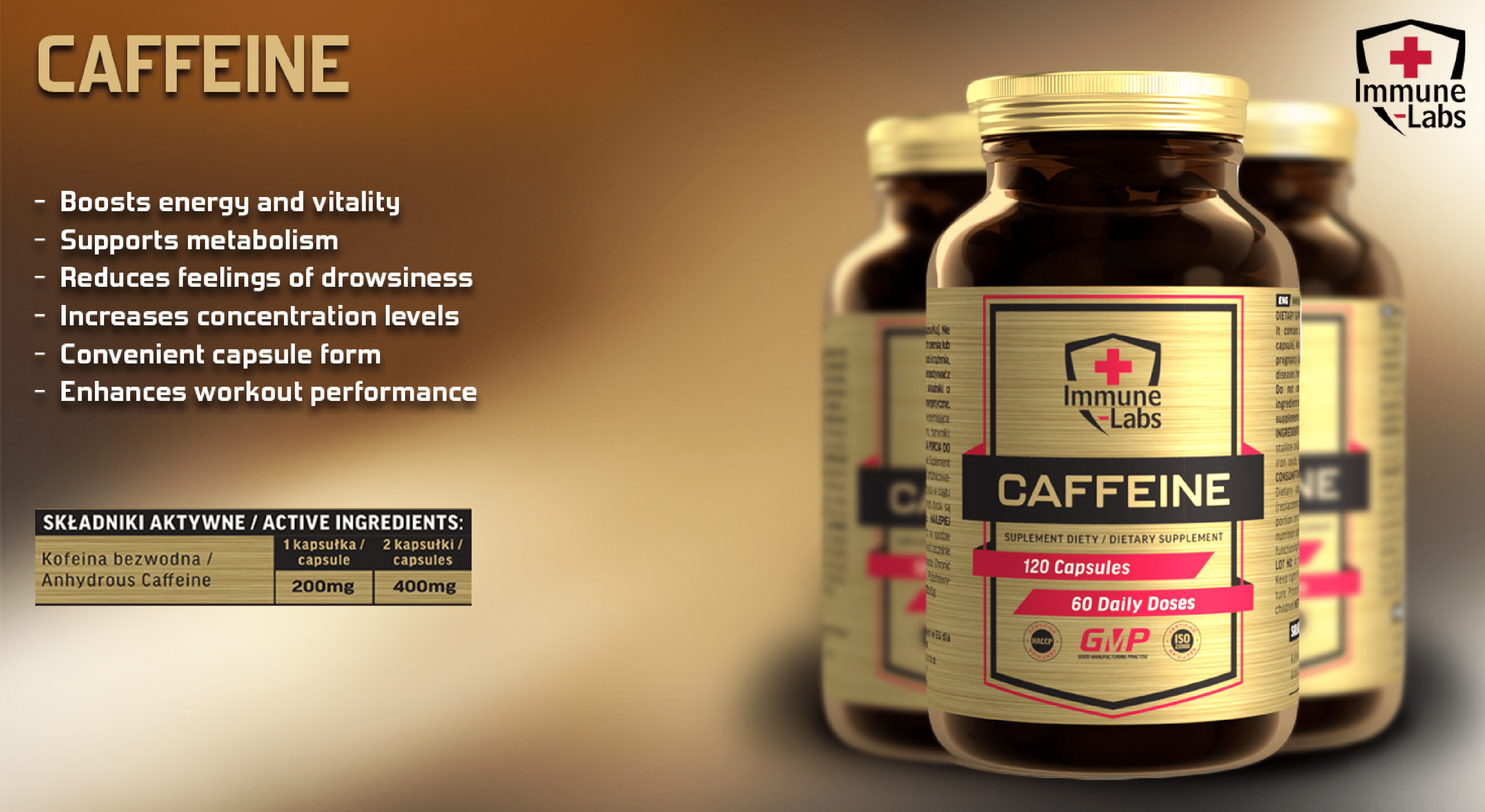 Immune Labs Caffeine dietary supplement, 120 capsules per bottle, providing 60 daily doses of anhydrous caffeine, in a brown bottle with a gold label.