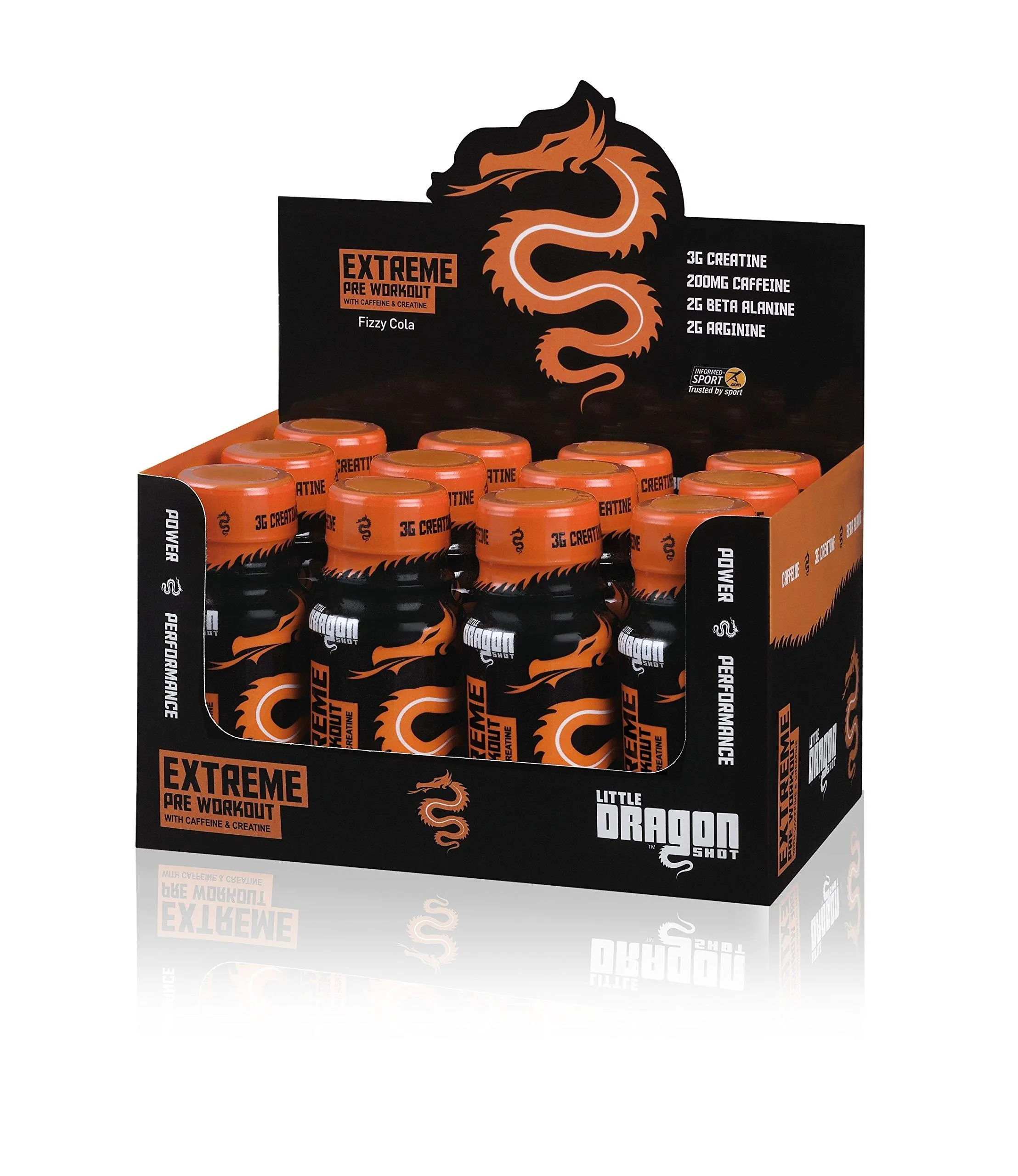 Little Dragon Extreme Pre Workout Shot Fizzy Cola 60ml x12, a high-caffeine, sugar-free pre-workout supplement for energy and performance, in black and orange bottles.