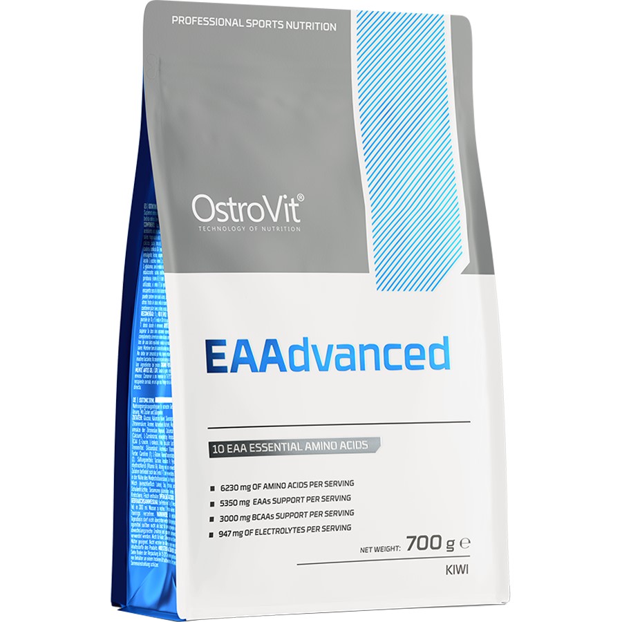 OstroVit EAAdvanced 700g kiwi-flavour essential amino acids supplement with BCAAs and electrolytes, in a white and grey pouch with blue accents.